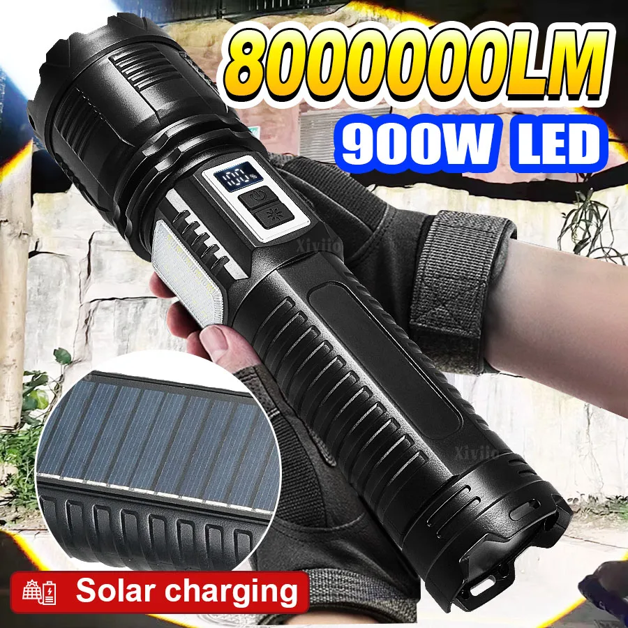 

8000000LM 900 Вт самый мощный светодиодный фонарик с солнечной зарядкой, тактическая вспышка, фонарик дальнего действия, фонарь для кемпинга и охоты