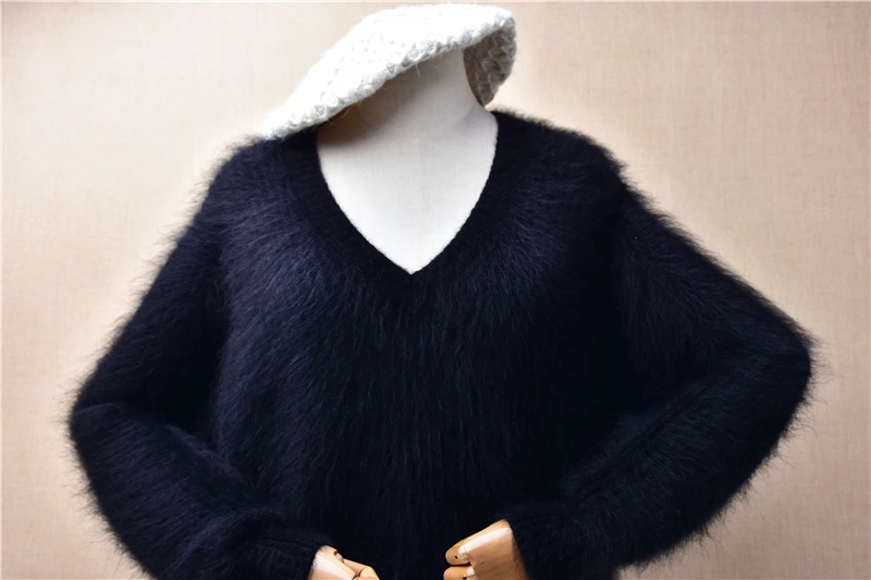 Women Mujer Autumn Winter Clothing Black Hairy Mink Cashmere Knitted V-Neck Long Sleeves Angora Fur Jumper Sweater Pull Tops