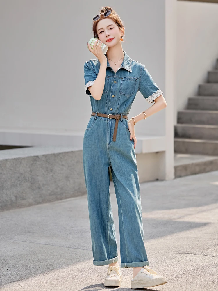 Faionable National Sle pantalones de una pieza para mujer verano 2025 nueva perla Denim seco mono con cuello de pierna ancha