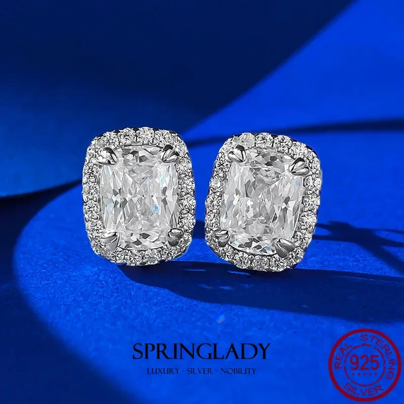 S925 Silver 2 Carat Earrings Pillow Cut Imitation Diamond Fashion Style Daily Versatile Earrings Wedding Jewelry