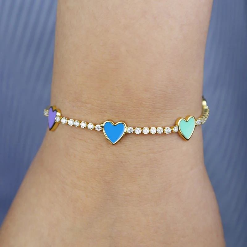 Pastel Enamel Heart Charm 2mm CZ Tennis Chain Colorful Summer Girl Women Hot Selling Fashion Bracelet