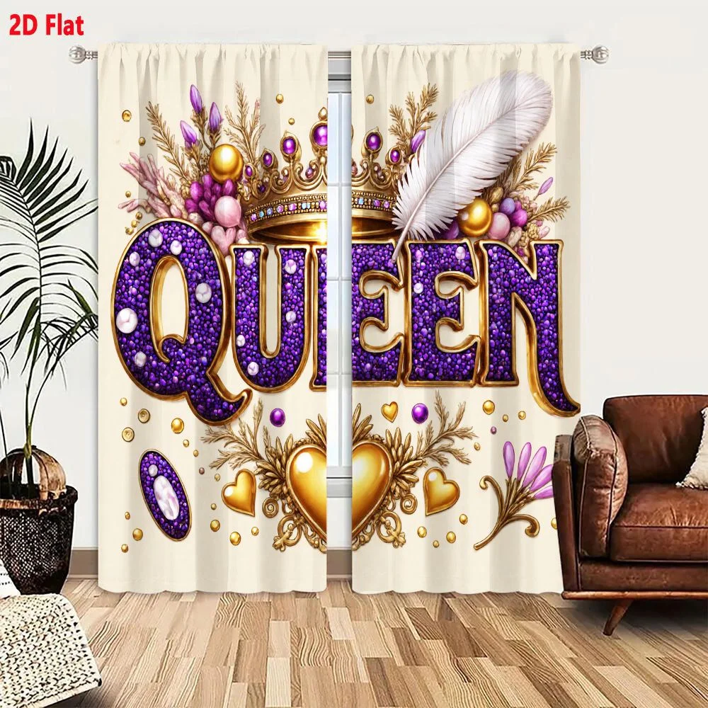 2Pcs Curtains 2D Flat QUEEN Decorative Ornate Design Purple Gemstones Golden Crown Feathers Flowers Hearts Royal Elegant Opulent