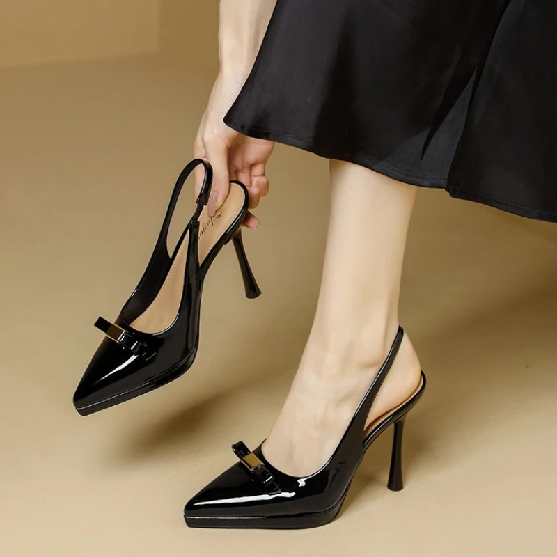 French-style Slip-on Women's 2026 Spring/summer New Design Patent Leather Pointed-toe Bow Tie Stiletto Heel Single Shoe，34-40
