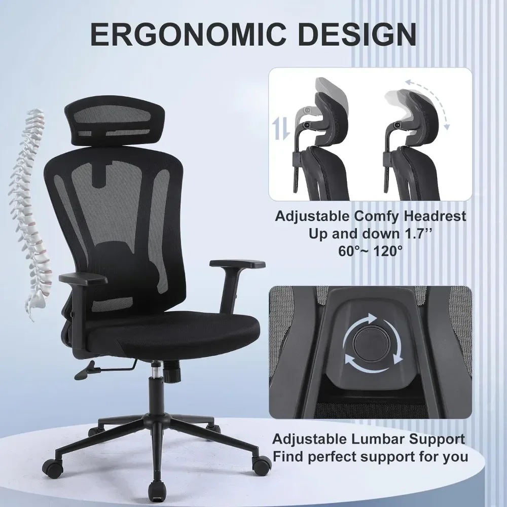 High Back Desk Chair with Adjustable Lumbar Support,2D Armrest and Headrest,Black Mesh Computer Gaming Chair with Tilt Function