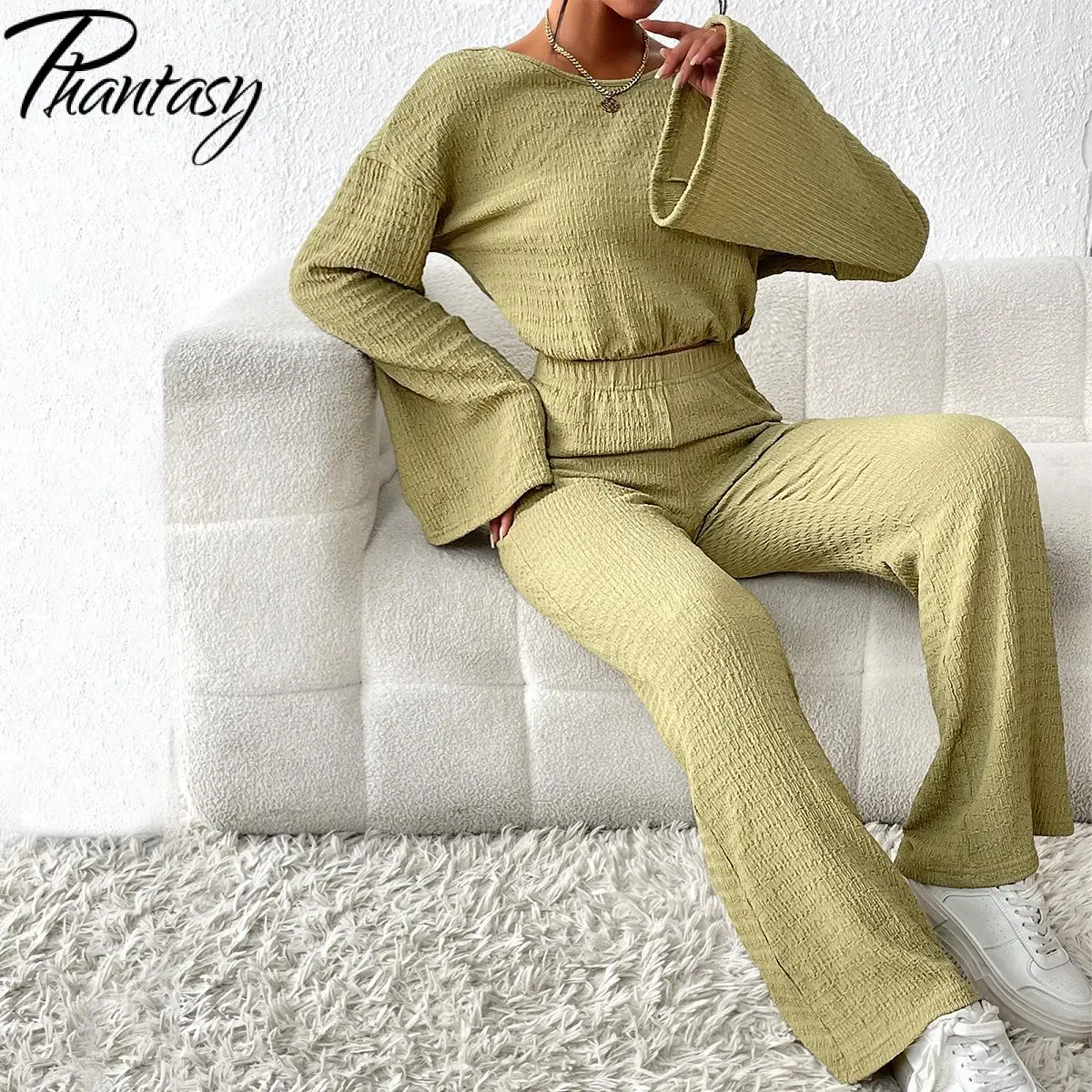 Phantasy Women Fashion Suit Solid Crewneck Long Sleeve Top Casual Trousers Office Lady Green Two Piece Set Girl Elegant Clothing