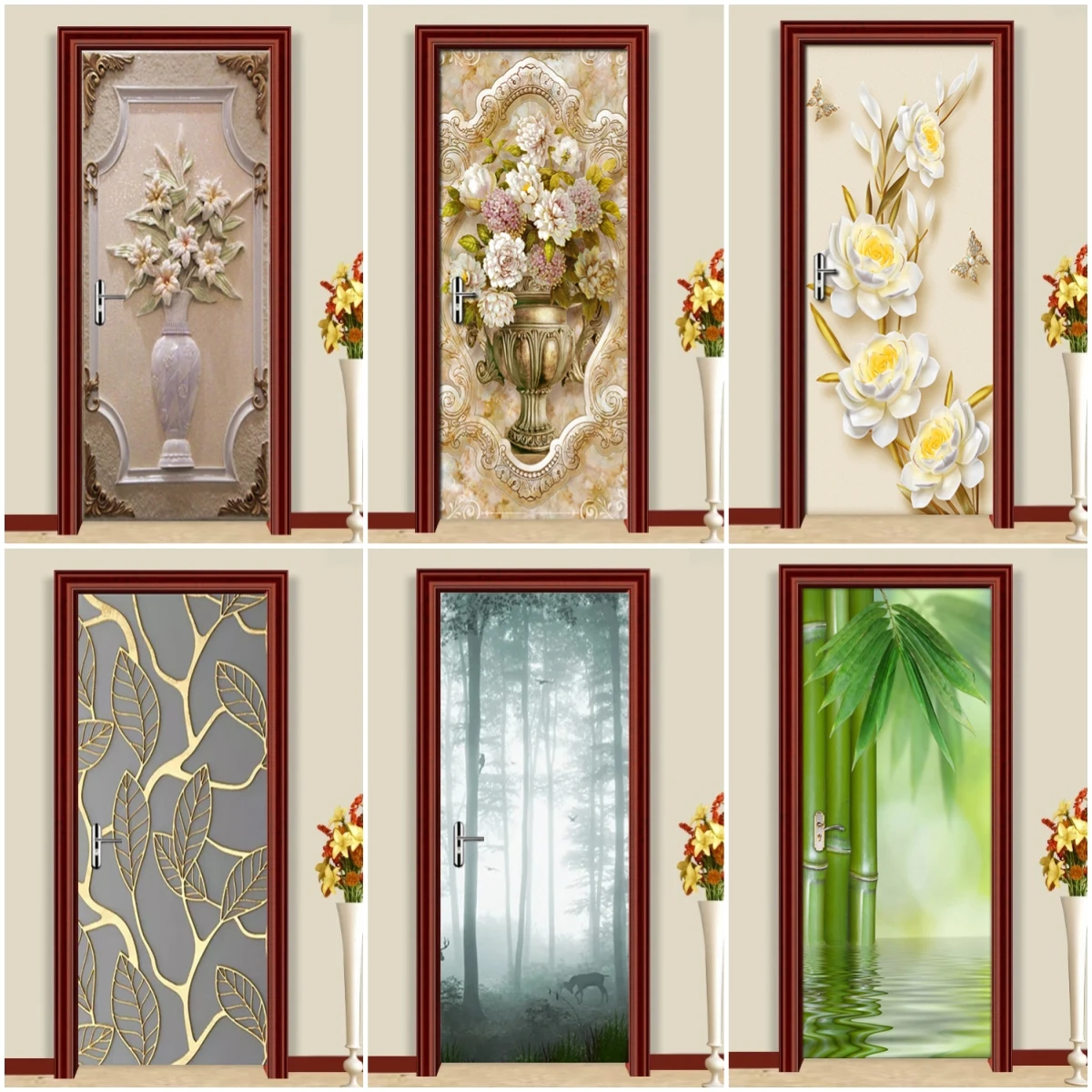 

3D PVC Door Sticker Self-Adhesive Removable Waterproof Wall Decal Bamboo Flowers Vase Leaves Photo Wallpaper for Home Decor