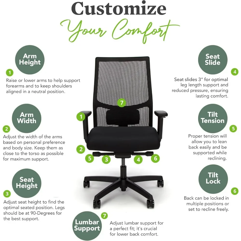 Ignition 2.0 Ergonomic Office Chair - Tilt Recline, Swivel Wheels, Comfortable for Long Hours in Home Office & Task Work.