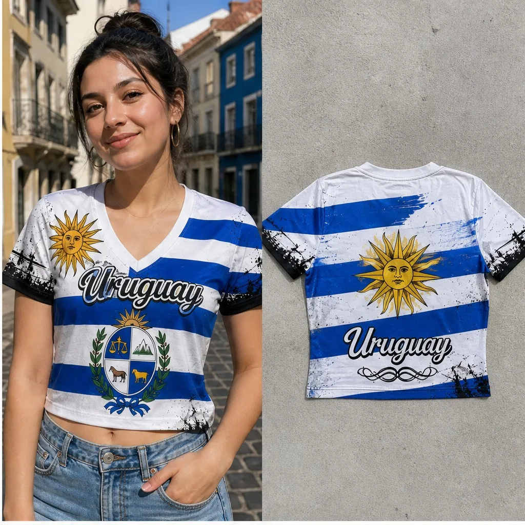 Women Uruguay V Neck Crop Top Sun Crest Script Print Short Sleeve Summer Street Travel Daily Fashion Tee Modern Chic Outfit Look