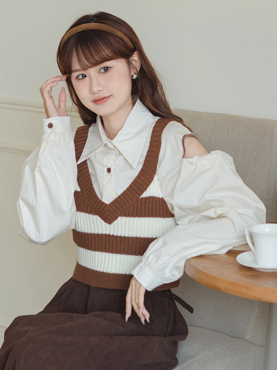 

Женский вязаный комплект из двух предметов: жилет в полоску и удлиненный свитер-накидка на весну-осень, новинка, с воротником на пуговицах