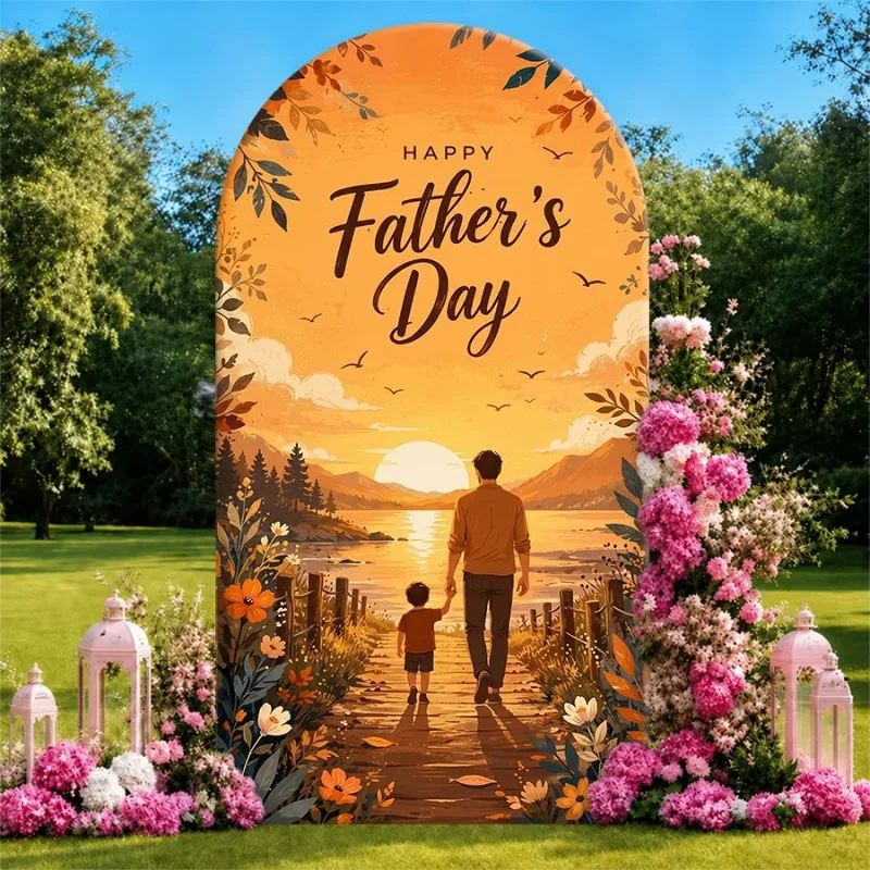 

Single Side Arch Backdrop Cover Fathers Day Celebration Background Banner with Sunset Lake Scene and Floral Arch for Outdoor