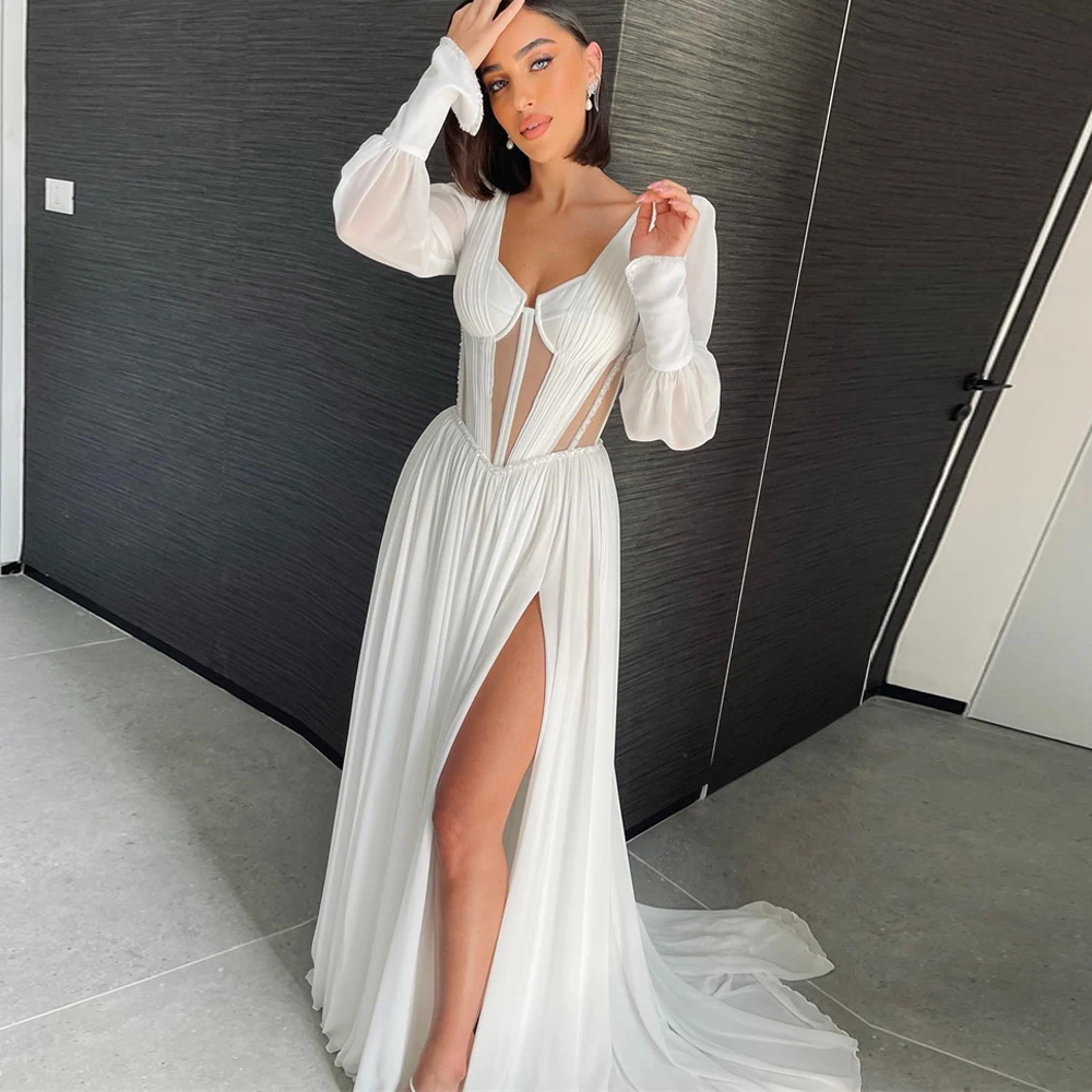 

SSYTENS Beach Chiffon Wedding Dresses Long Sleeves Sweetheart Split Arabic Elegant Civil Bridal Gowns Israel Robe de mariage