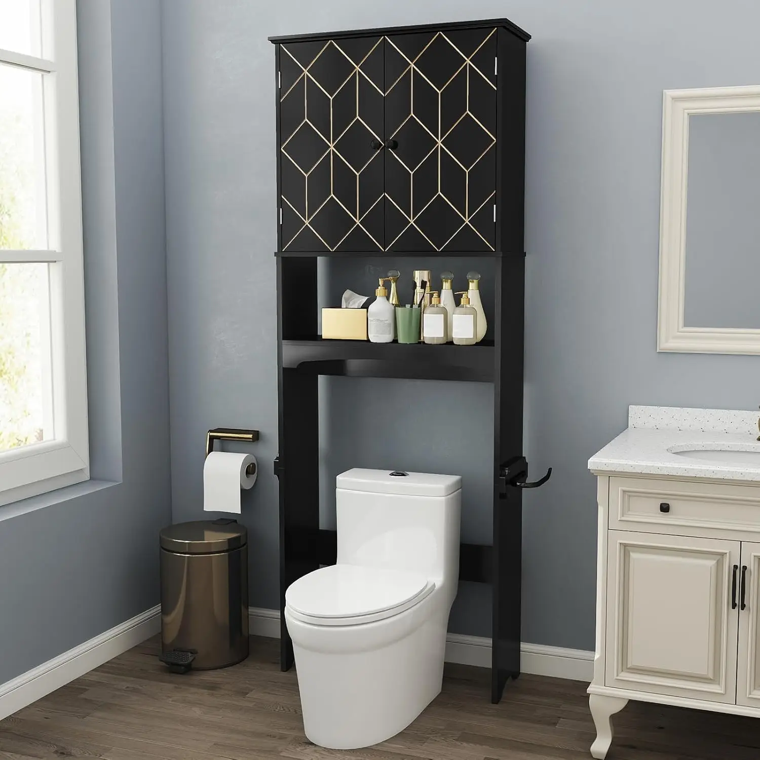 

Over Toilet Storage Cabinet Gold Trim Adjustable Shelves Paper Holder Bathroom Spacesaver Black,Customized