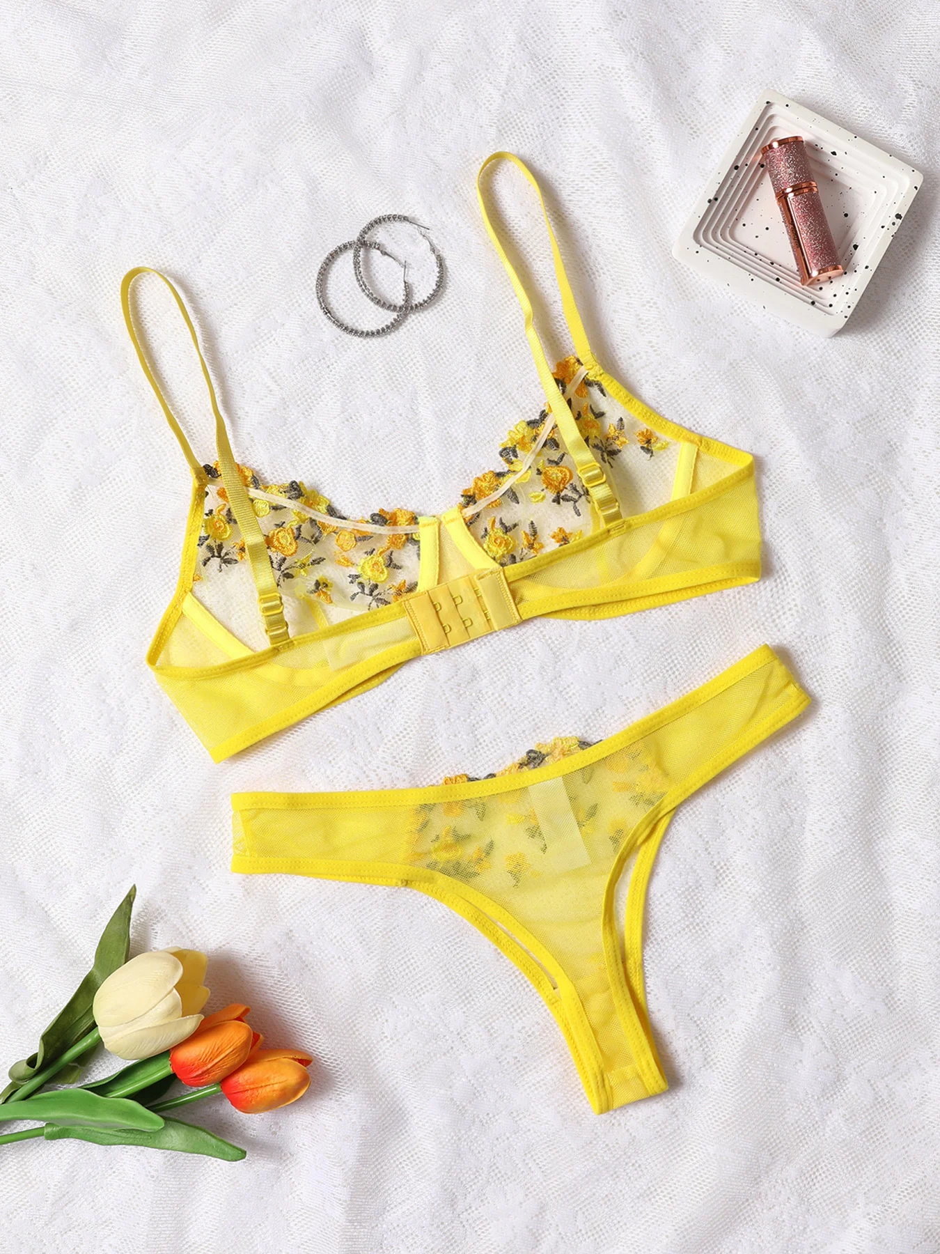 Embroidery Women Underwear Daily Yellow Lingerie Sexy Floral Transparent Lace Short Skin Care Kits Delicate Fairy Garter Set