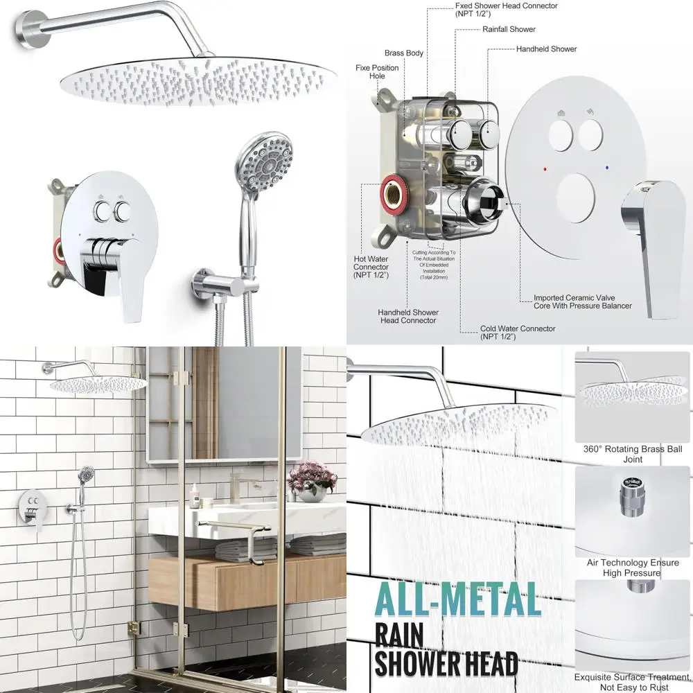 

High-Pressure 12 Inch Multifunction Shower System with 6-Setting Handheld Rain Shower Head and Valve for Enhanced Shower Experie