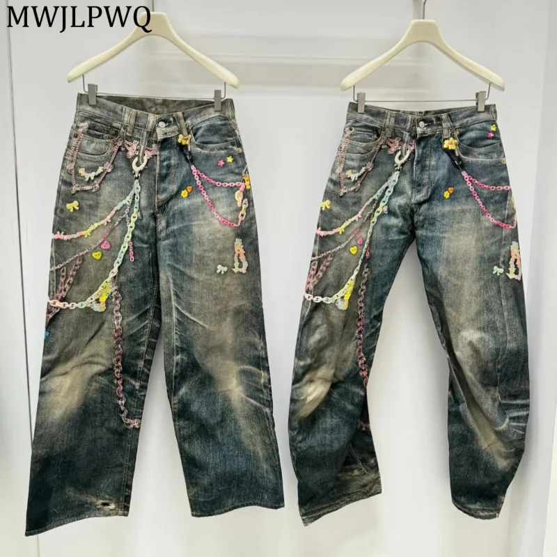 

MWJLPWQ уличный стиль 3D печатные джинсы с цепочкой Machete для мужчин хип-хоп осень 2025 новые широкие прямые брюки унисекс Tide 21053