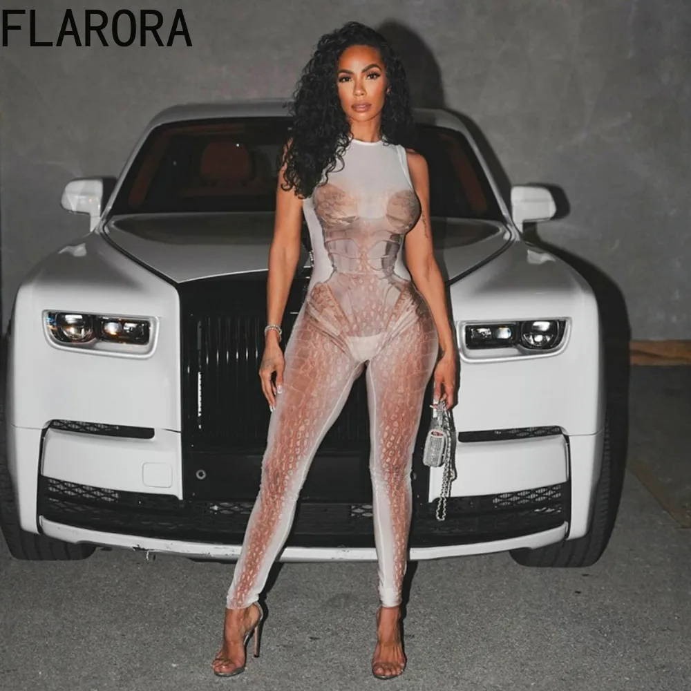 

FLARORA Trend Printing Skinny Jumpsuits Woman Sexy See Through O Neck Sleeveless One Piece Playsuits Hottie Streetwear Overalls