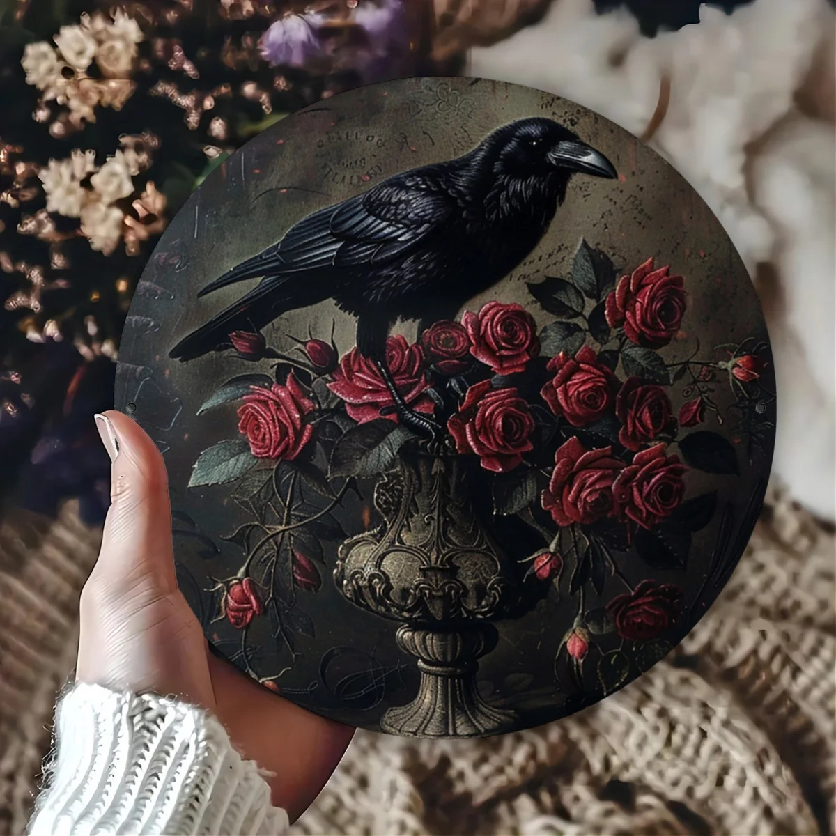 A Round Vintage Metal Aluminum Sign Featuring a Gothic Romantic Design of a Crow And a Rose, Perfect for Wall Art Decoration in