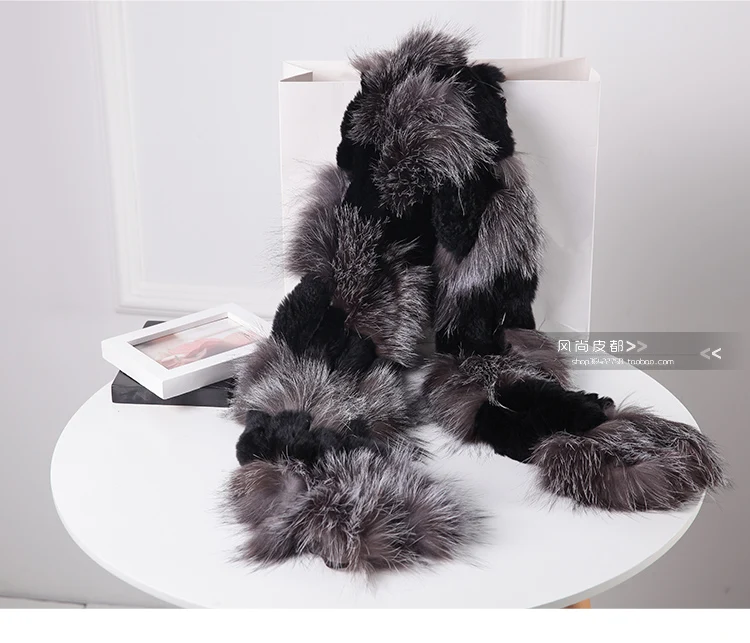 Harppihop silver fox fur black color New Fox fur c/w rex rabbit fur scarf wrap cape shawl best Christmas gift birthday gift