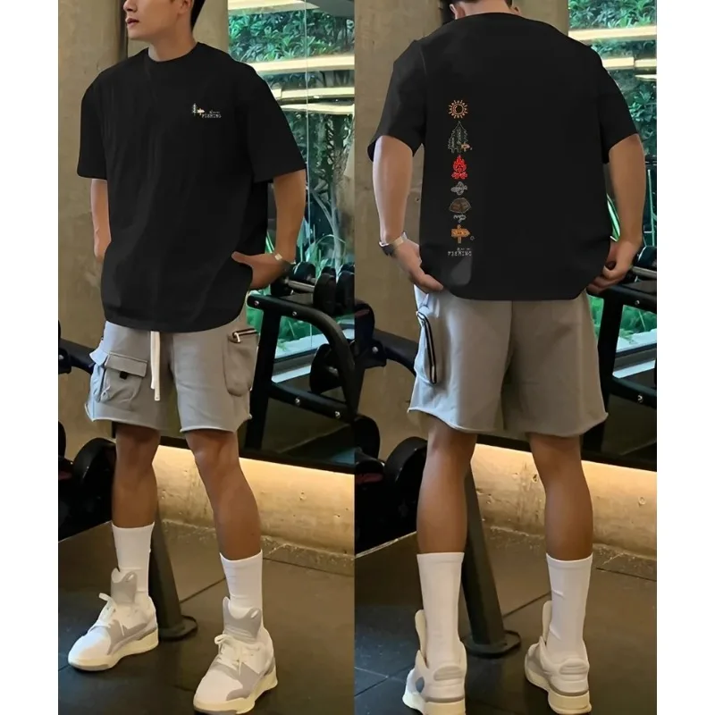 

2025 autumn and winter new men's creative design sense double-sided printing high-end elegant pure cotton casual T-shirt