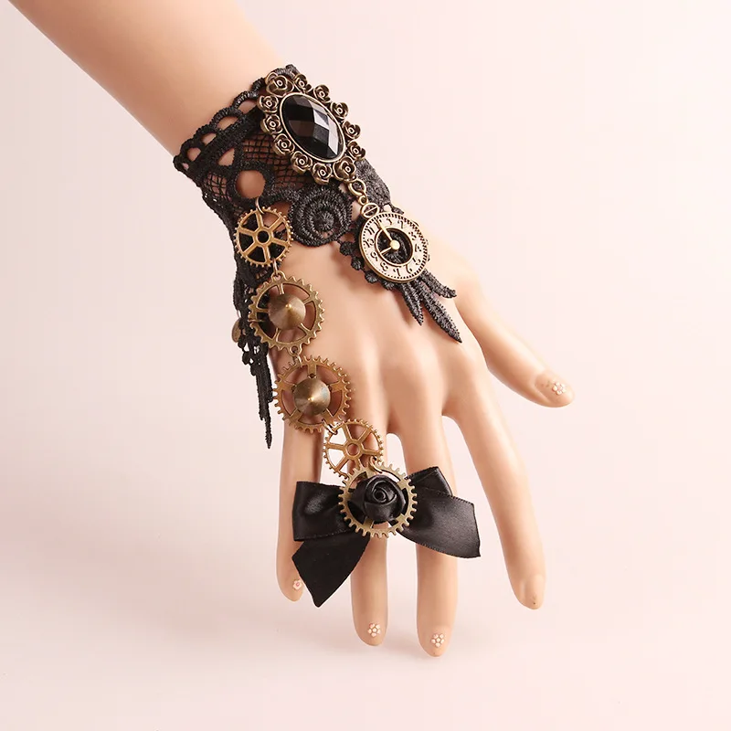 Gothic Steampunk Golden Lace leather Cuff Fingerless Glove Arm Warmer Bracelet Black Halloween Christmas gifts Accessories