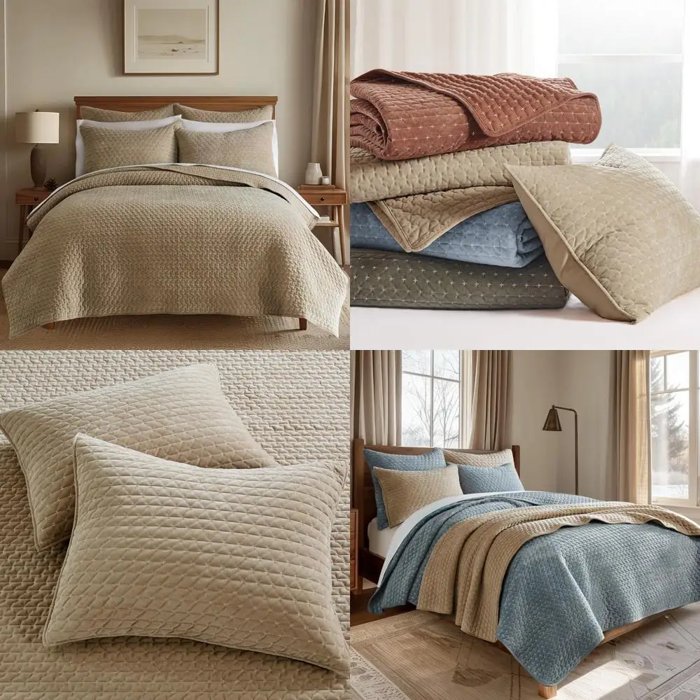 

King Size Velvet Stitch Quilt Set with Taupe and White Cross Stitch Pattern and Two Matching Shams