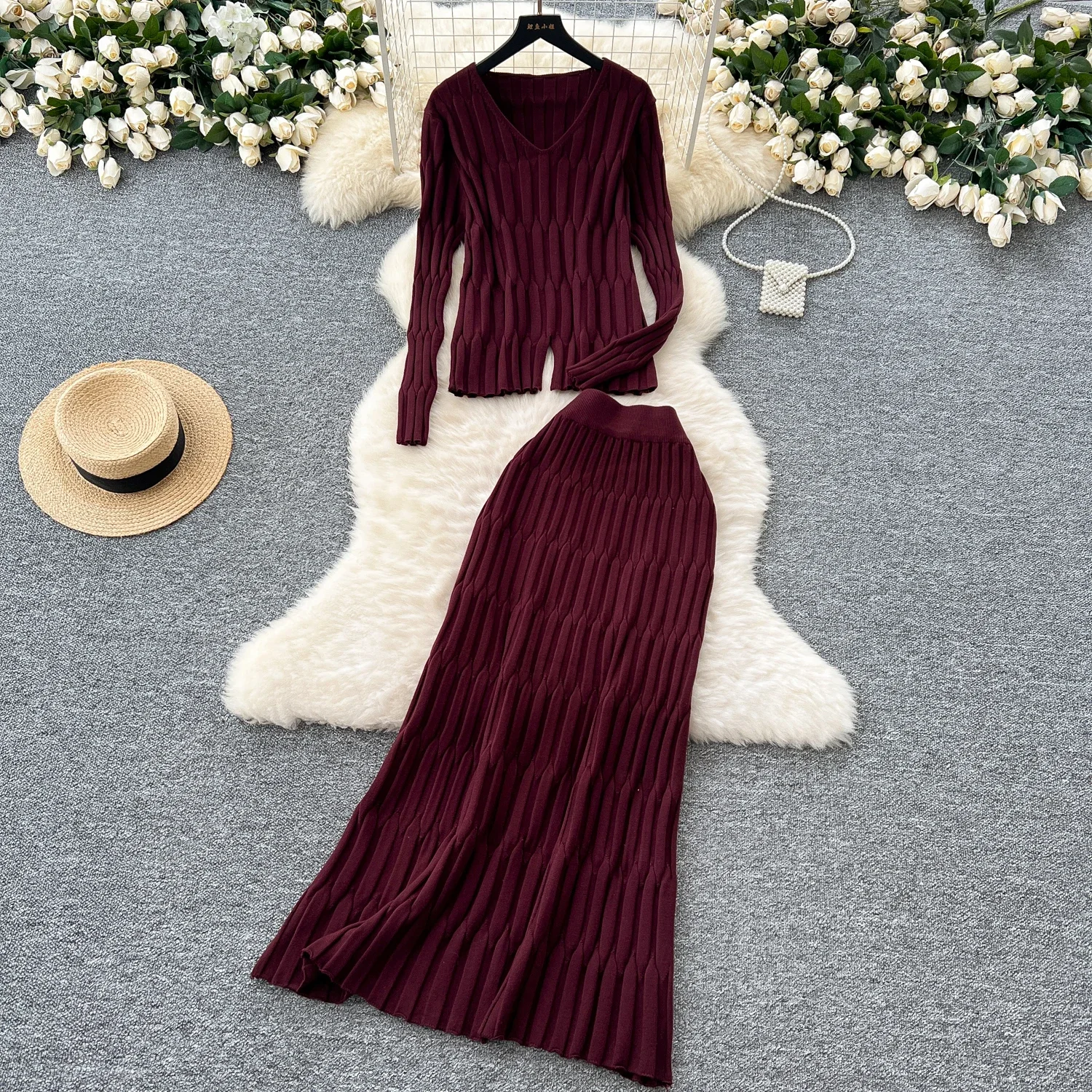 Chic Knitted Women Two-Piece Sets Basics V-neck Split Top and High Waist Skirt French Office High Street Autumn Winter Clothing