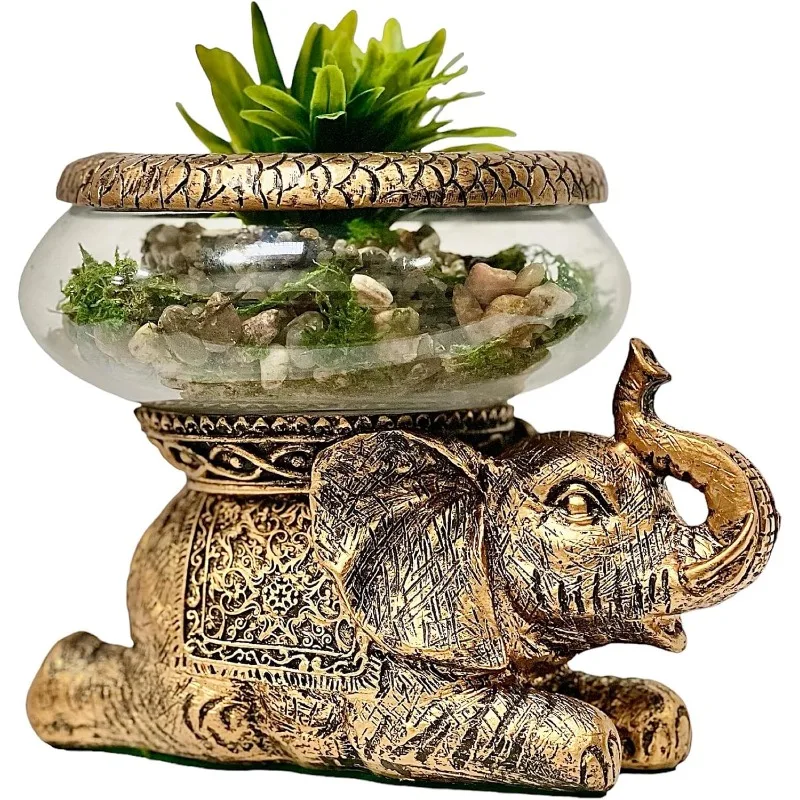 New Good Luck Decorative Gold Antiqued Elephant Glass Bowl,Terrarium or Candle Holder with Color Gift Box