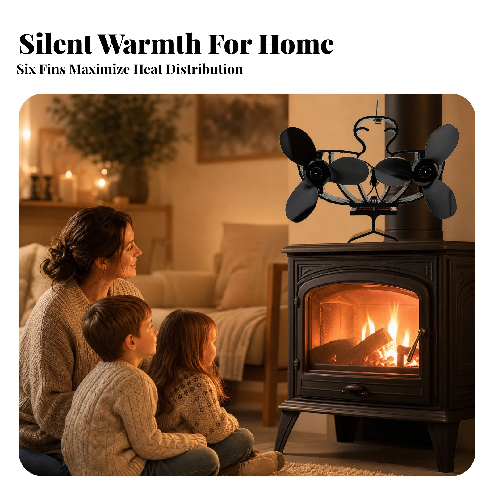 Heat-Powered Fireplace Fan with Six-Blade Rotor Compact Tabletop Fireplace Circulation Fan Battery Cordless Automatic Start
