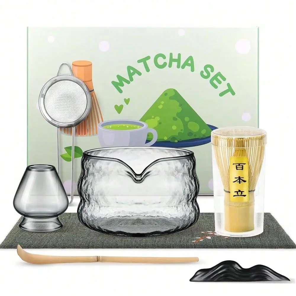 

Whisk Set, 7 PCS Matcha Kit For Ceremony, With Clear Matcha Bowl, Spout, Bamboo Whisk Holder, Stainless Steel Sifter, Japanese