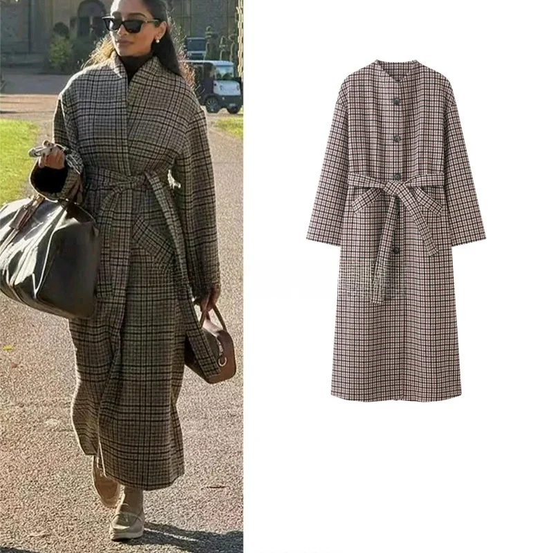 

Winter New Arrival Women's Retro Sle Stand Collar Long Sve Single Row Multi-Buled Midi Casual Plaid Coat Jaet