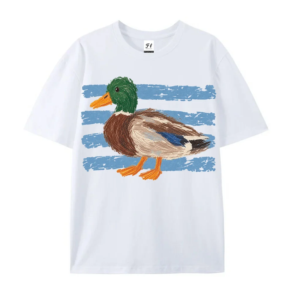 Unisex Mallard Duck Graphic T Shirt Crayon Oil Pastel Blue Stripes Vintage Aesthetic White Loose Cotton Tees