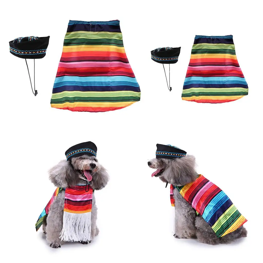 Pet Costume, S/L,Dog Puppy Mexican Serape Poncho with Black Hat Halloween