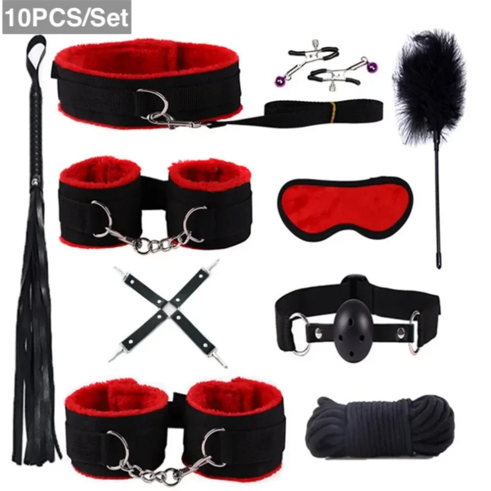 10PCS BDSM Bed Restraints Sex Toy Kits Handcuffs 18+ Adult Sex Game Sexy Suit Nipple Clipper Mouth Gag Whip Sex Feather Soft SM