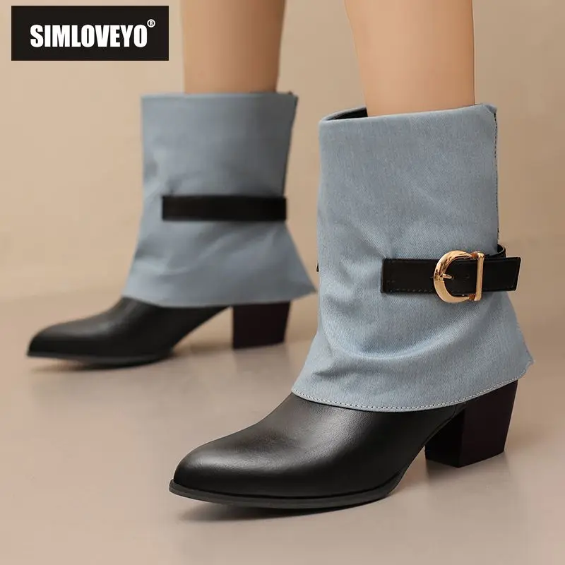 

SIMLOVEYO, новинка 2023 года, женские ботинки до середины икры, с острым носком, на блочном каблуке 5 см, с пряжкой на ремне, большие размеры 47–48, Sweet Dating Bota