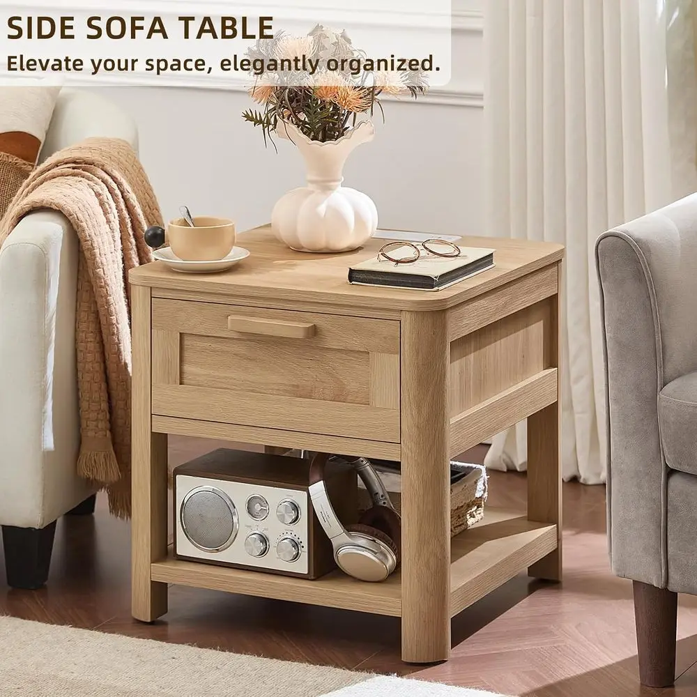 armhouse Night Stand Set o 2 with Charging Station, Natural | Wood Bed Side Table with Der & Open Storage Shel & Rounded s or Be - view 6
