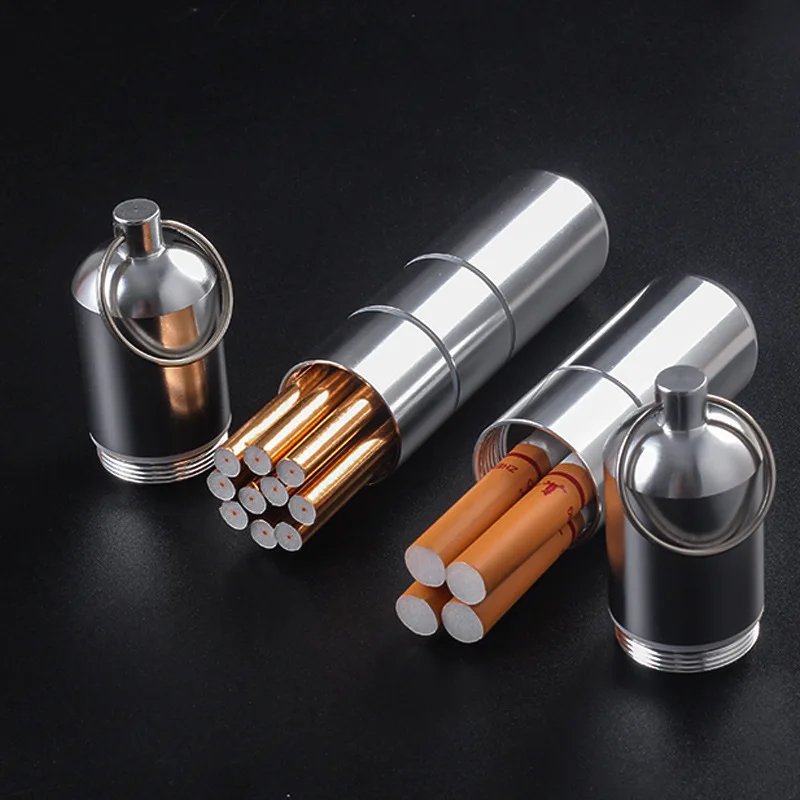 Waterproof Cigarete Case Silver Aluminum Alloy Cigarette Box Pill Toothpick Capsule Holder with Keychain Mens Gift