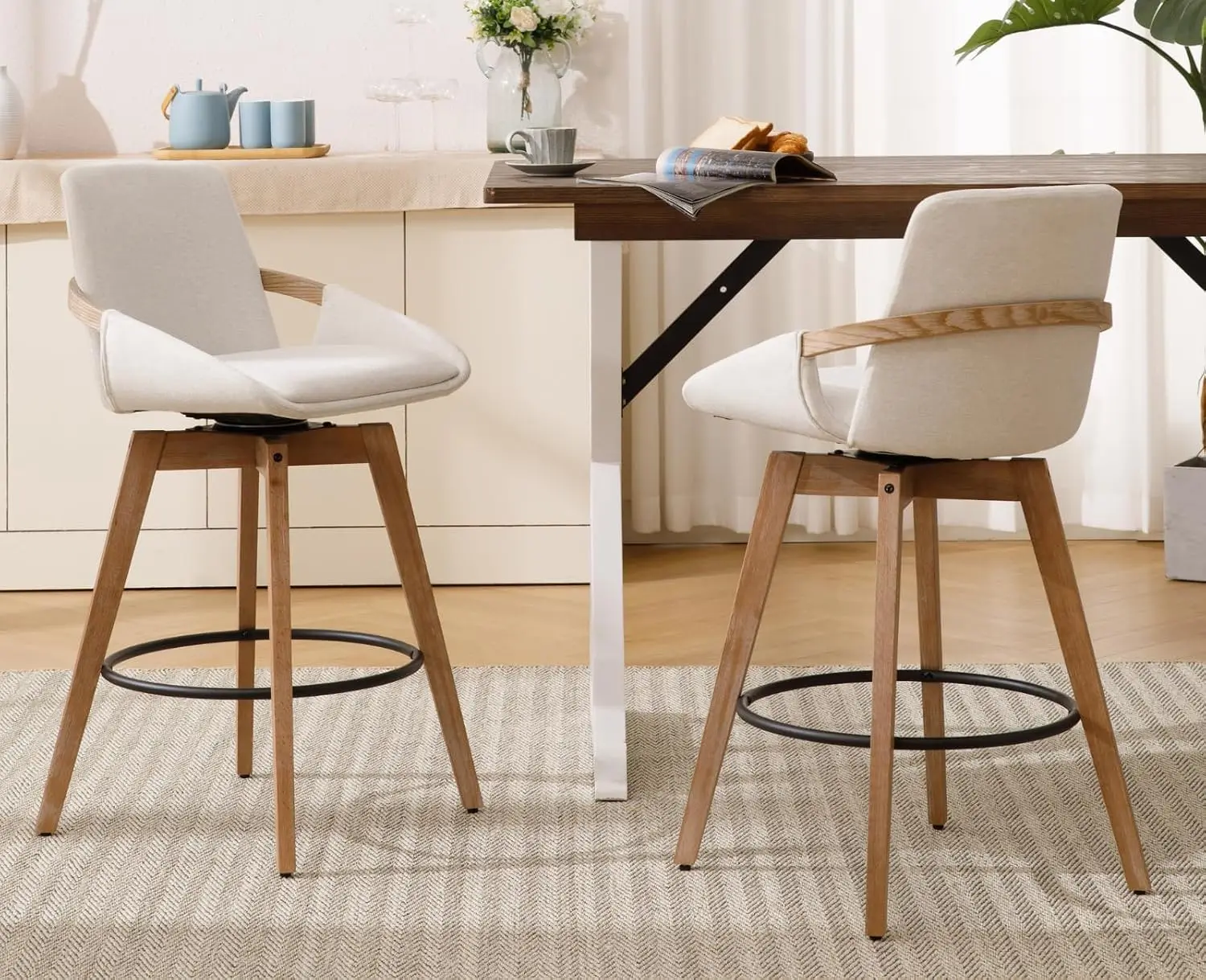 Natural Wood Swivel Bar Stools 2pcs with Curved Back Arm Linen Upholstered 26 Inch Kitchen Island Chair, Customized