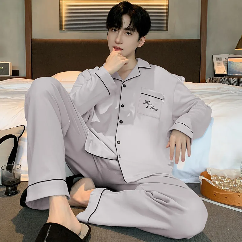 

Plus Size Men Pajamas Set Spring and Autumn Solid Color Sleepwear Homewear Tops and Pants Nightwear Loungewear pyjama homme
