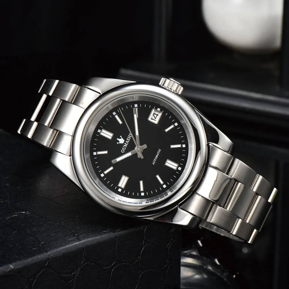 39 มม.นาฬิกาผู้ชาย NH35 อัตโนมัติ Sapphire Glass สายสแตนเลสปรับแต่งโลโก้ธุรกิจนาฬิกาผู้ชาย