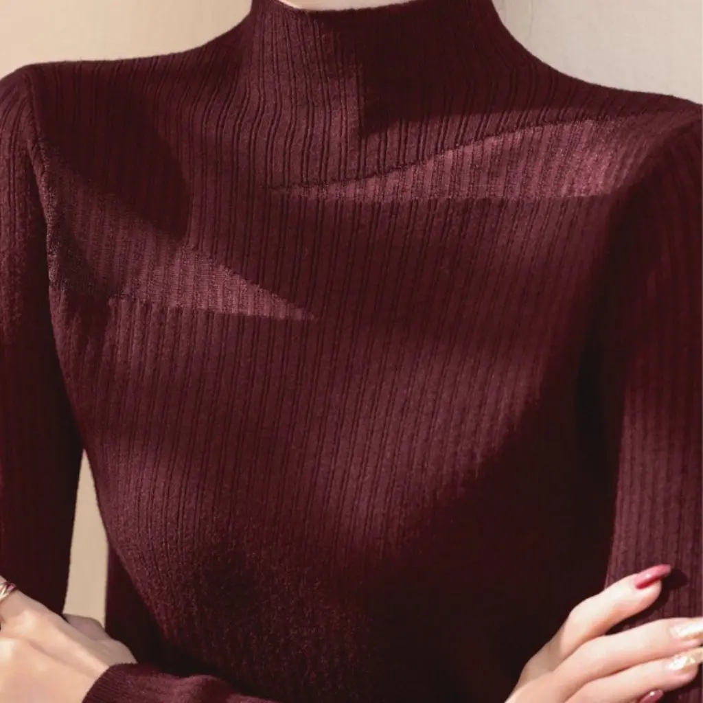 

Women's Half-High Collar Angora Knitted Sweater Red French Base Lace Mesh Top Spring Autumn New