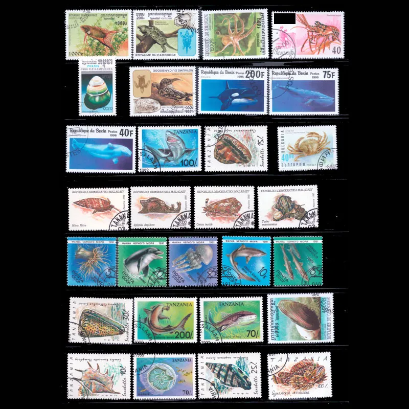 50/100Pcs/Lot World Fish & Marine Life Postage Stamps, All Different Multi-Country No Repeat Used Marked Stamps for Collectors