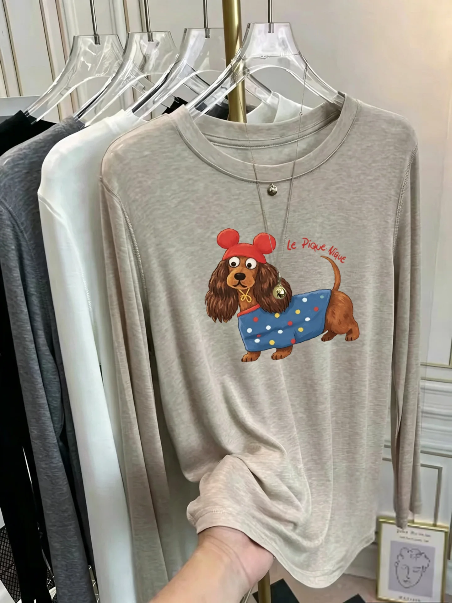 Korean Style Women's Long Sleeve T-Shirt Soft Sunscreen Print Thin Mask Base Shirt Early Autumn Fashionable Cotton Tee