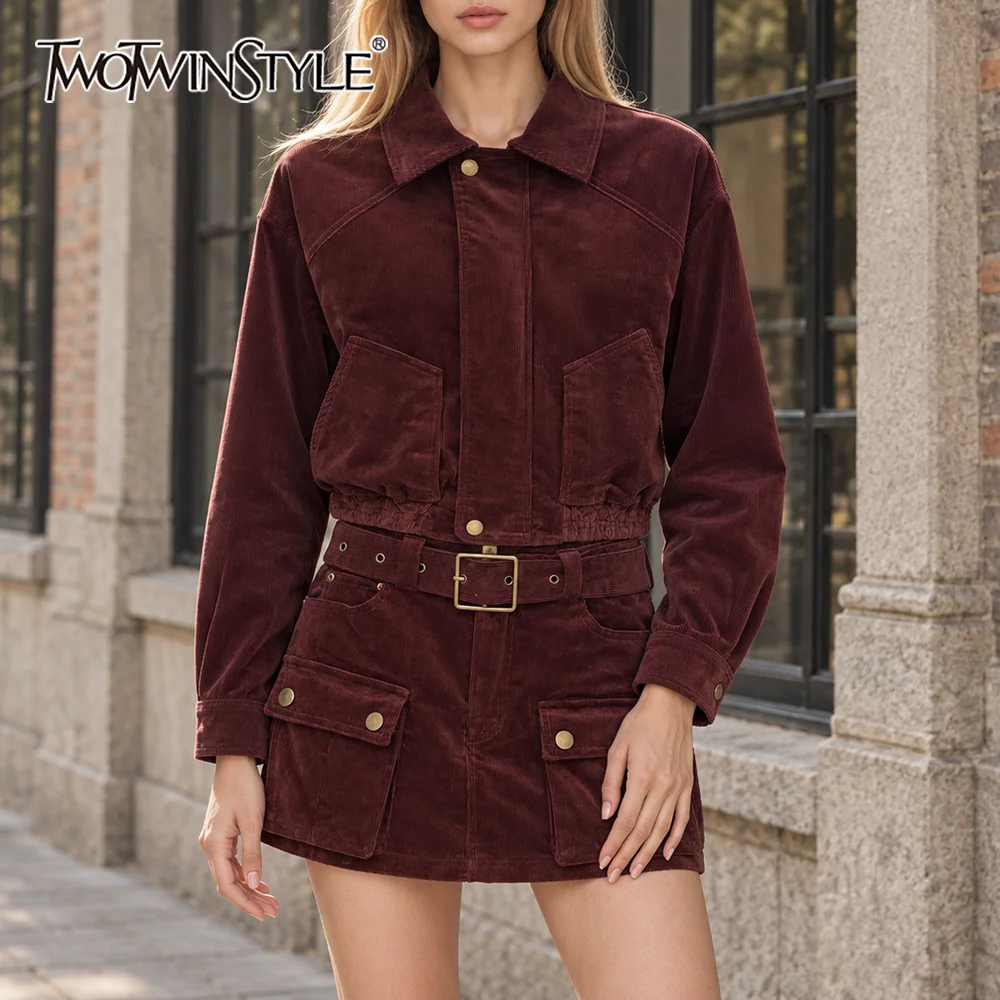TWOTWINSTYLE Streetwear Corduroy 2 Piece Set for Women Lapel Zip Up Cropped Jacket Cargo Mini Bottoms with Belt for Fall Suit