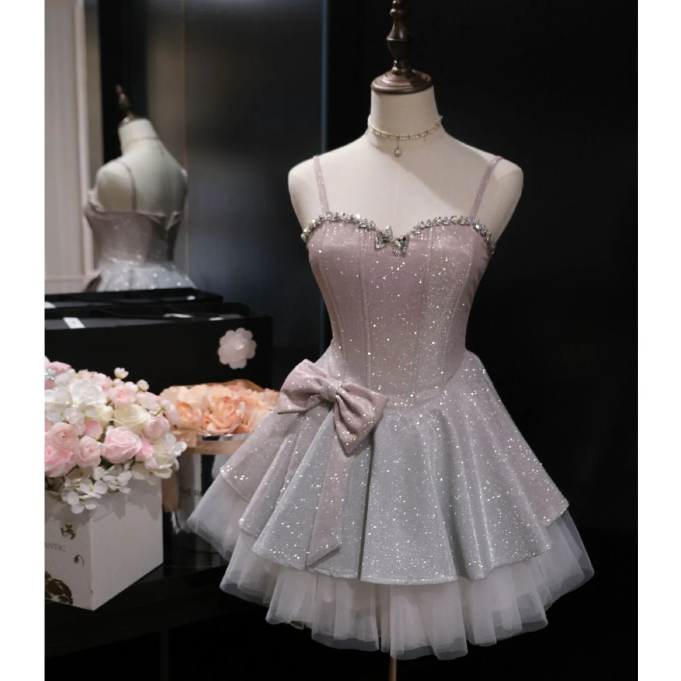 Birthday Party Little Dress French Straps New Style Sequin Short Dress Gradient Pink High-End Prom Gown