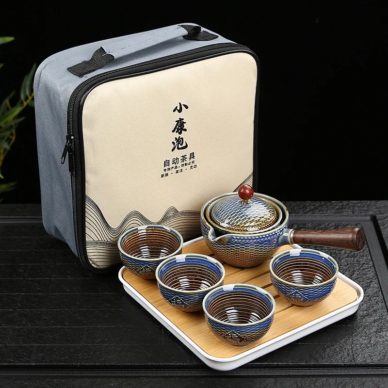 Chinese Porcelain  Gongfu Tea Set Portable Teapot Set with 360 Rotation Tea Maker and Infuser Portable All in One Gift Bag