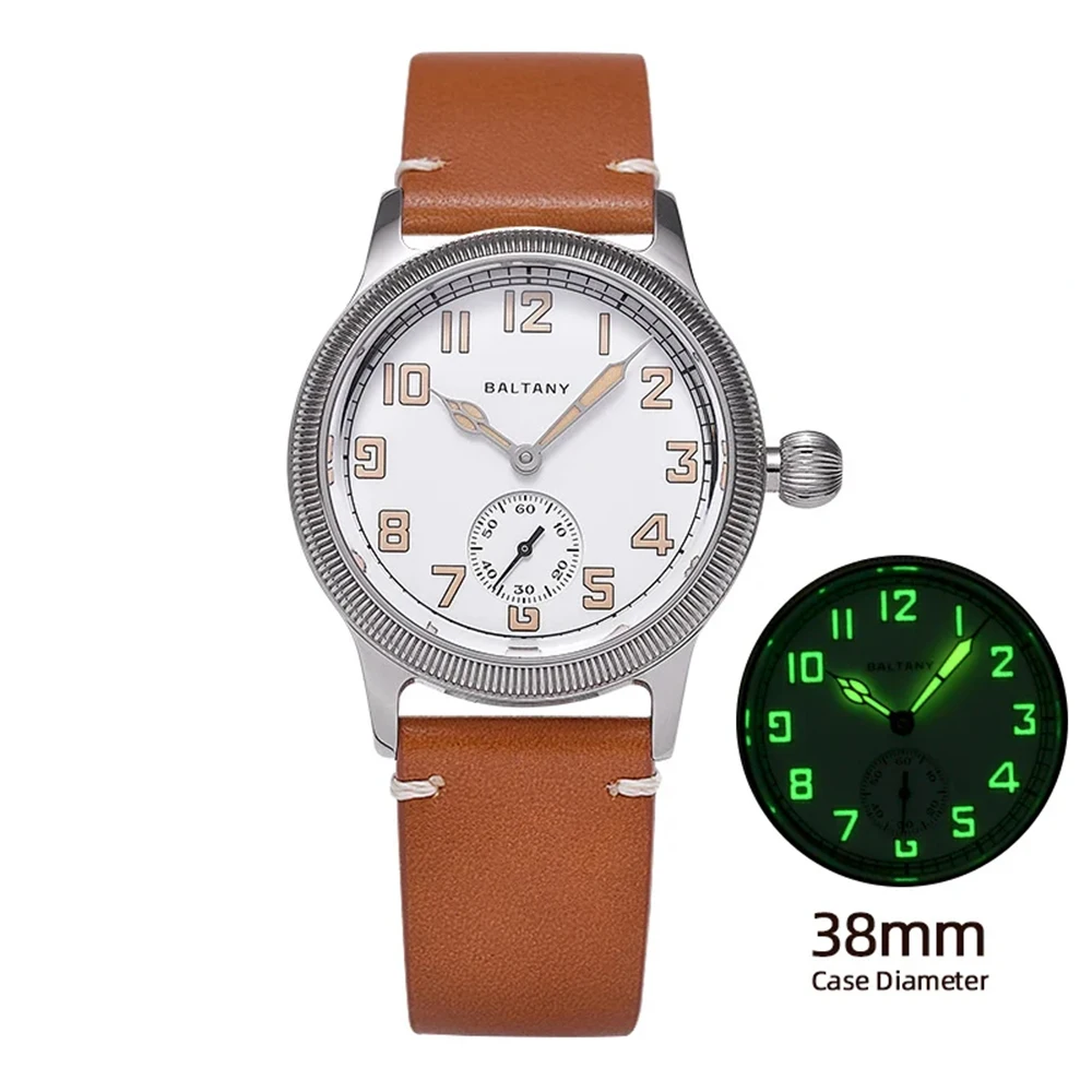 Baltany S2051 WW1 Military Trench Watch White Enamel Dial Retro ST1701 Homage Automatic Field Sapphire Leather Strap Watches Men