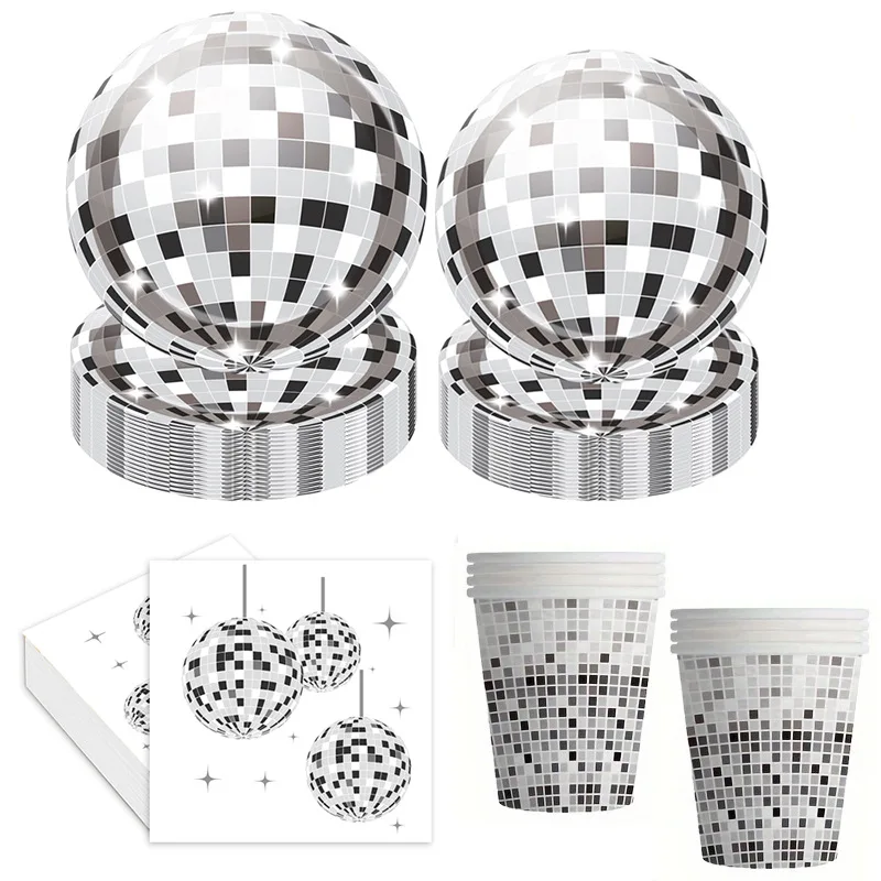 20 Stück Disco Silbrig Thema Einweg-Papier-Partyteller-Set für Hochzeit, Geburtstag, Jahrestag, Picknick, Dekoration, Dusche, Reisezubehör