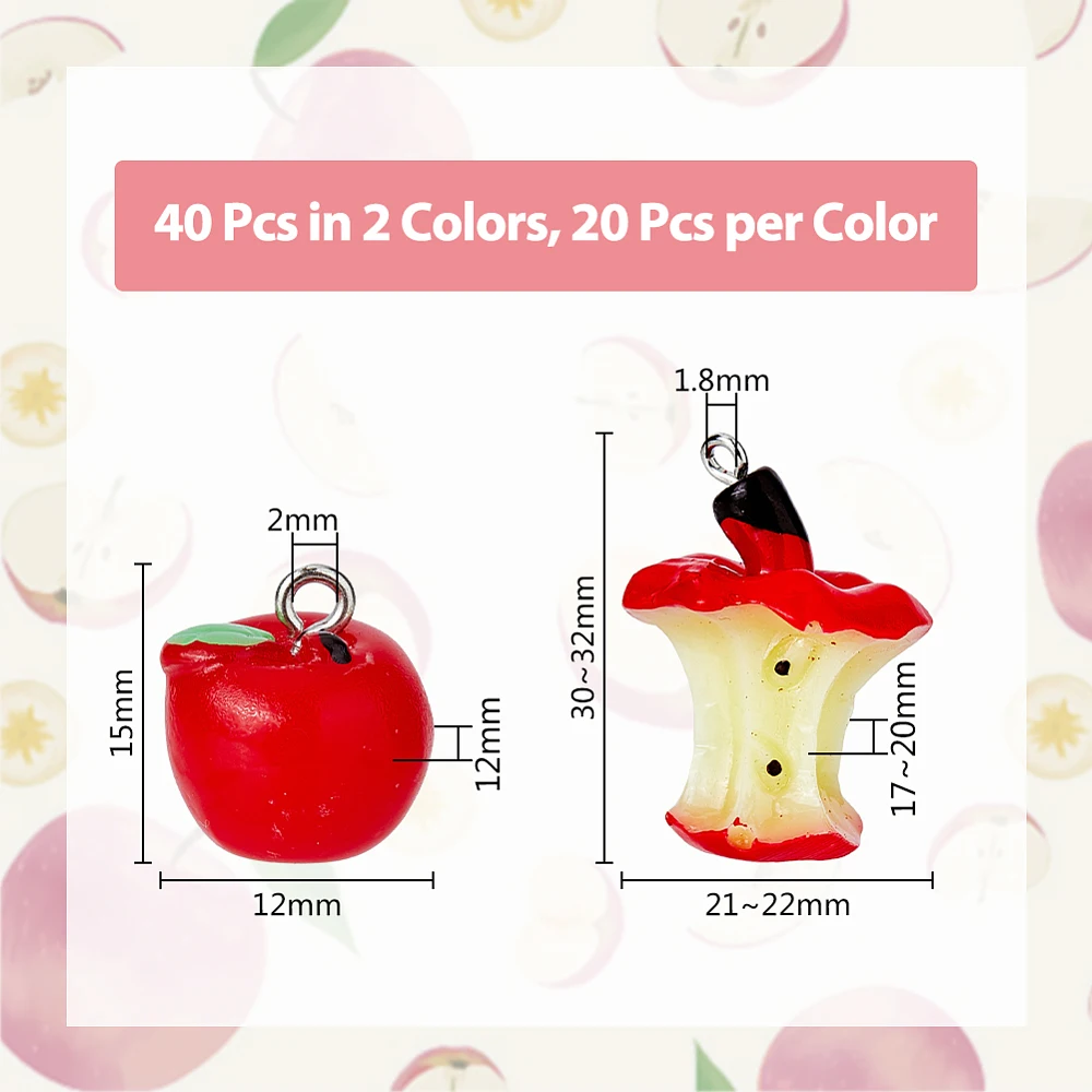 40Pcs Red Apples Resin Charms Apples Core Teacher Red Imitation Food Dangle Charms Fruit Inspired Charms