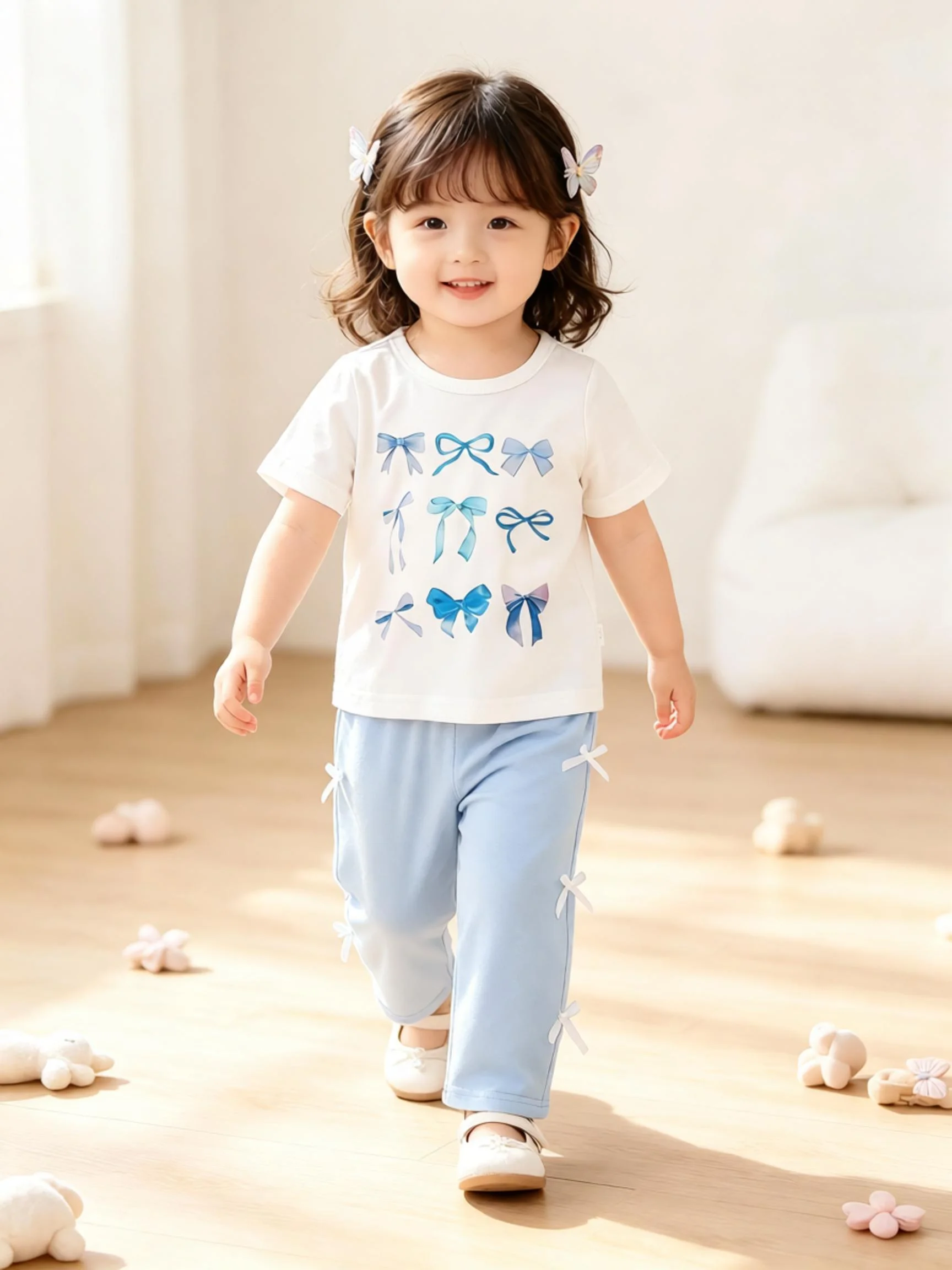 Summer 2-Piece Baby Girl Outfit Casual Bow Printed round Neck Top with Bow Decoration Pants Short Sleeve Cute Infant Set