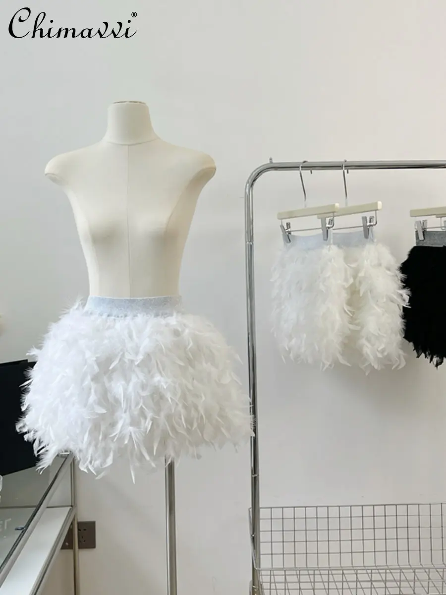 2023 Spring Summer New Fashion Feather Short A- Line Skirt Women Elastic Waist White All-Match Tutu Female Student Mini Skirt